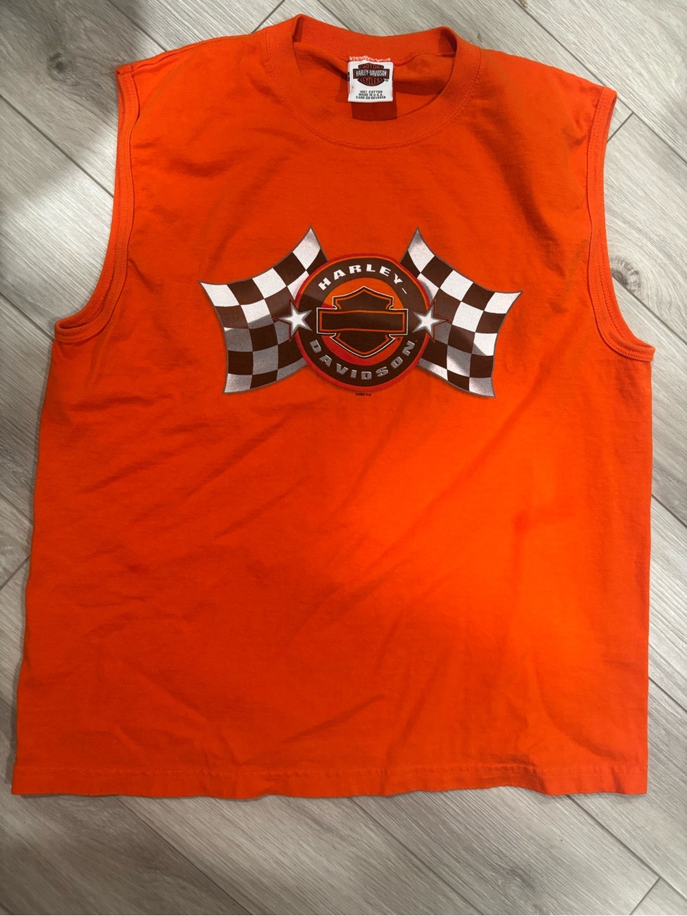 Harley-Davidson Men’s Bright Orange Sleeveless Tank with Checkered Logo